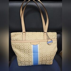 Coach Signature Stripe Tote. Beige And Blue.